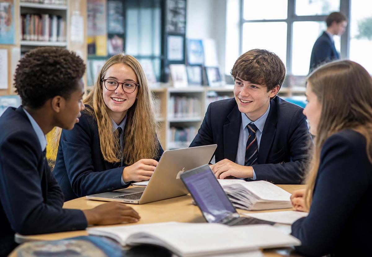 Diverse UK secondary school students collaborating with laptops and notebooks in a bright school library